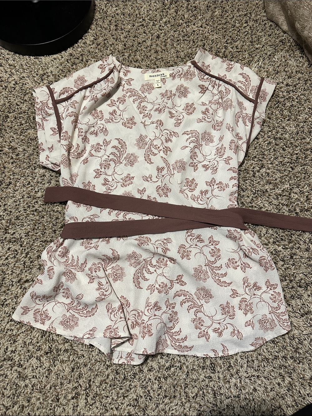 Monteau Cream Cami with Mauve Floral Print and Mauve Waist Tie